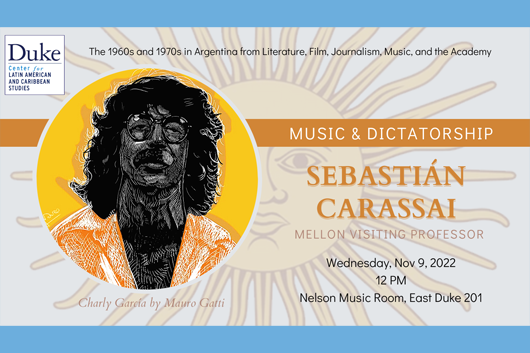 flyer for music and dictatorship with artwork of Charly Garcia by Mauro Gatti